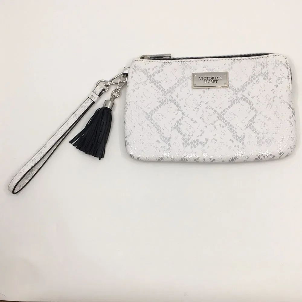 Victoria Secret faux vegan leather snake print white and silver wristlet